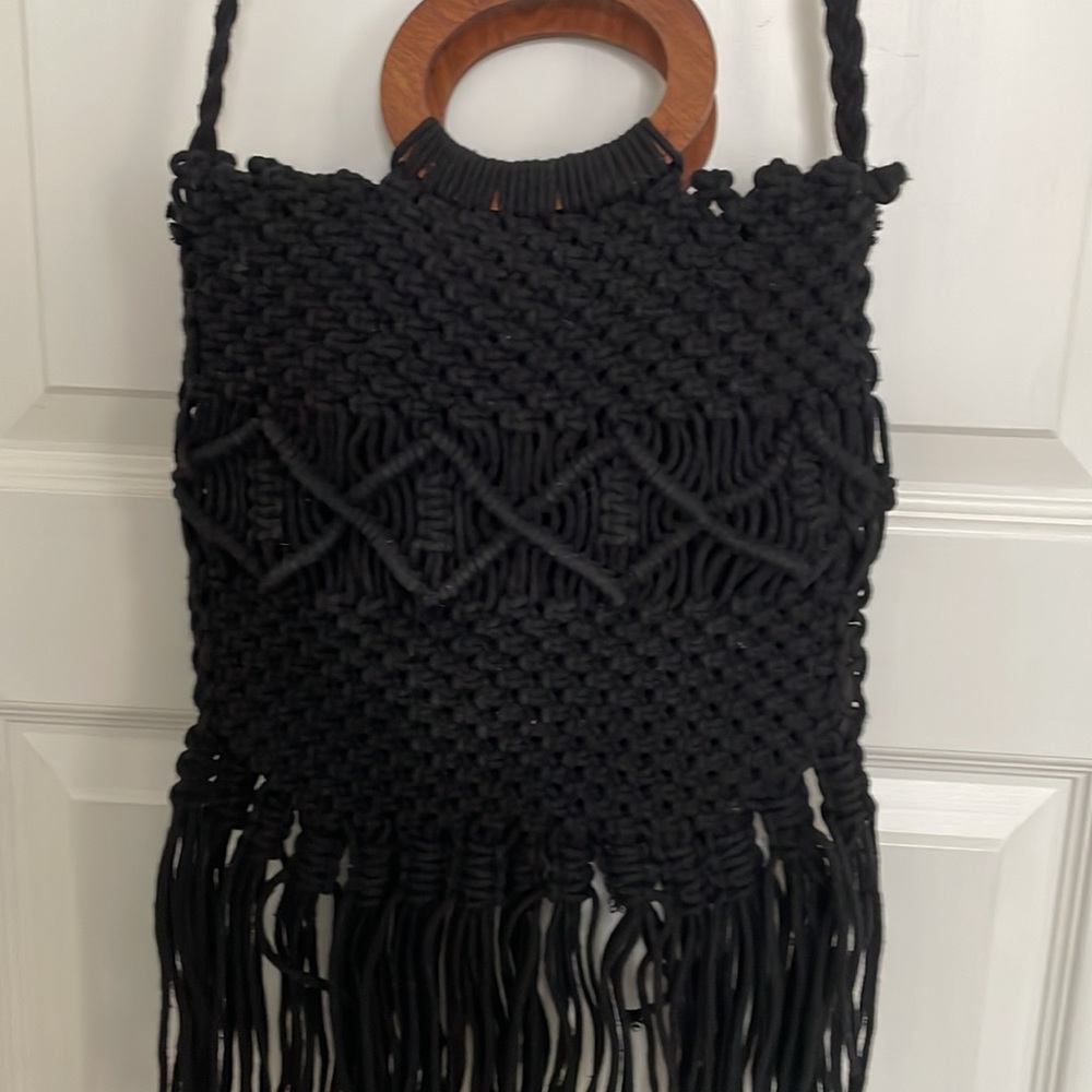 Danielle Nicole Black Macram Fringe Crochet Bag - image 2